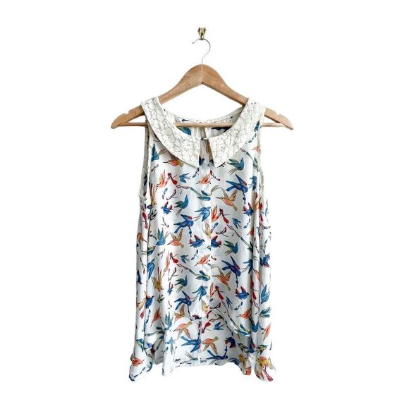 Hazel Blouse Lace Collar Sheer Flowy Birds Sleeveless Women's S Dry Clean - Picture 1 of 9